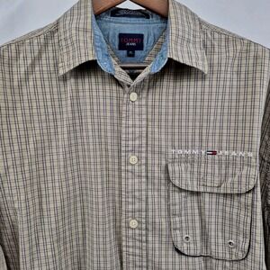 Tommy Jeans Vintage‎ Long Sleeve Button Down Shirt Men's M Tan Plaid Normcore
